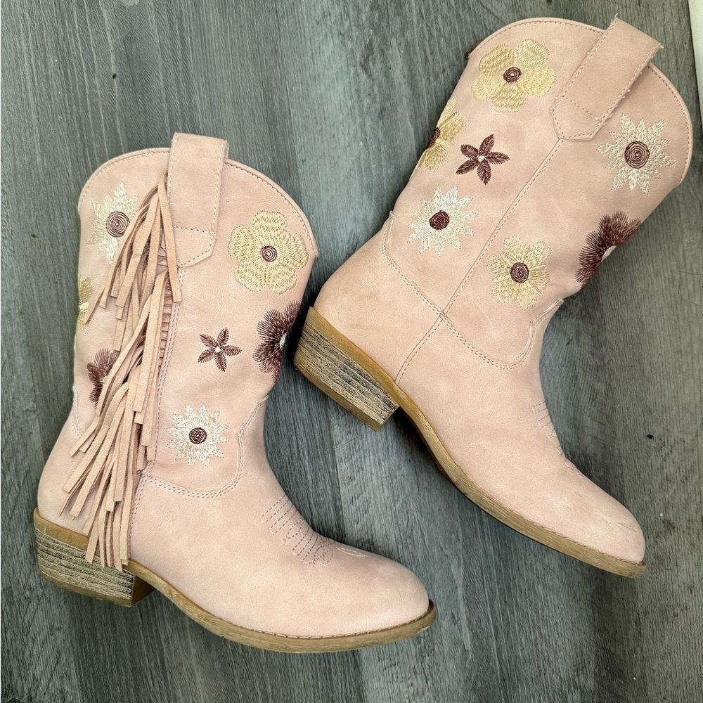 Pink Embroidered Fringe Western Boots kids